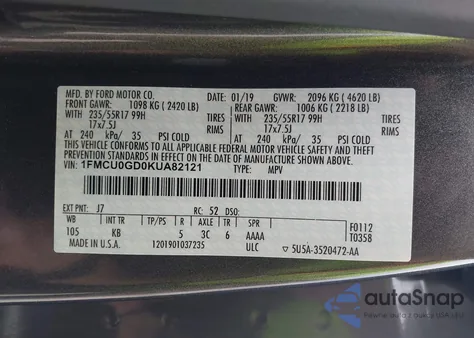 2019 Ford Escape Se z USA, uszkodzony, nr VIN 1FMCU0GD0KUA82121